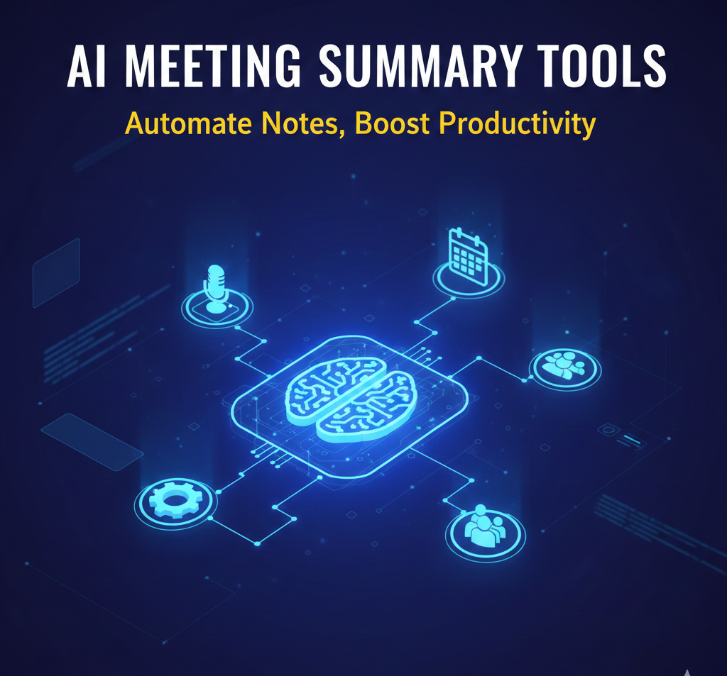 A visual representation of an AI brain processing meeting data, connecting a microphone, calendar, and people icons. The image promotes AI Meeting Summary Tools.