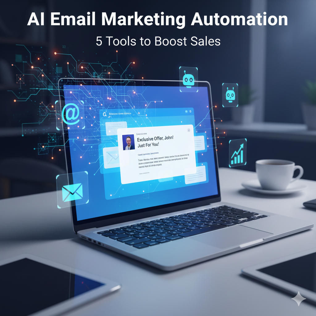 AI Email Marketing Automation visual: A glowing, futuristic brain (AI core) connected to a personalized email icon and a sales chart showing growth.