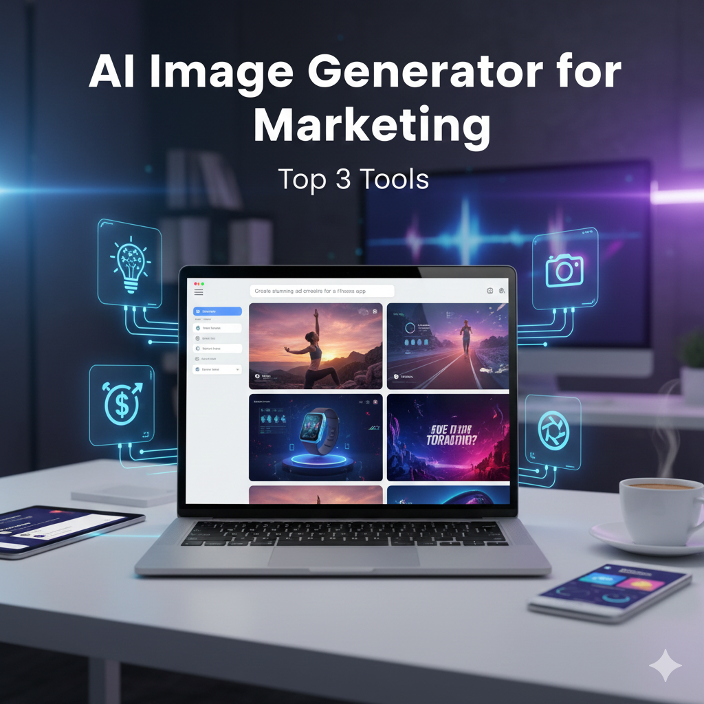Visual representation of AI image generator for marketing tools, showing creative process, speed, and digital art.