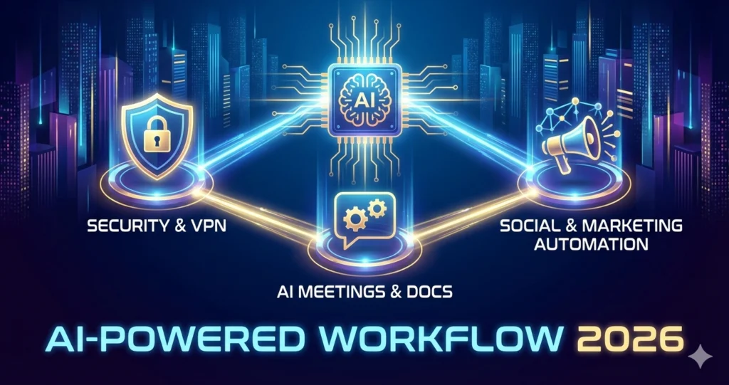 A futuristic visualization of a connected AI-powered workflow in 2026, showing icons for Security, AI Meetings, and Social Media Automation.