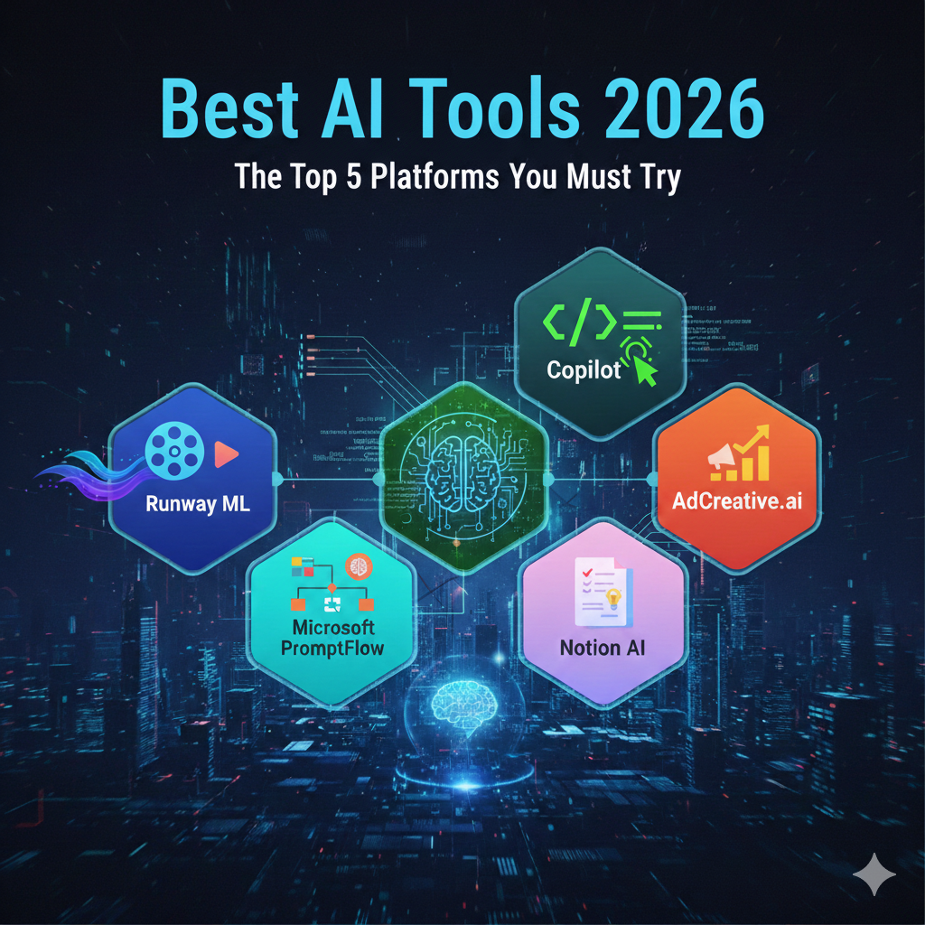 Best AI Tools 2026 cover image featuring logos for Runway ML, GitHub Copilot, Notion AI, PromptFlow, and AdCreative.ai