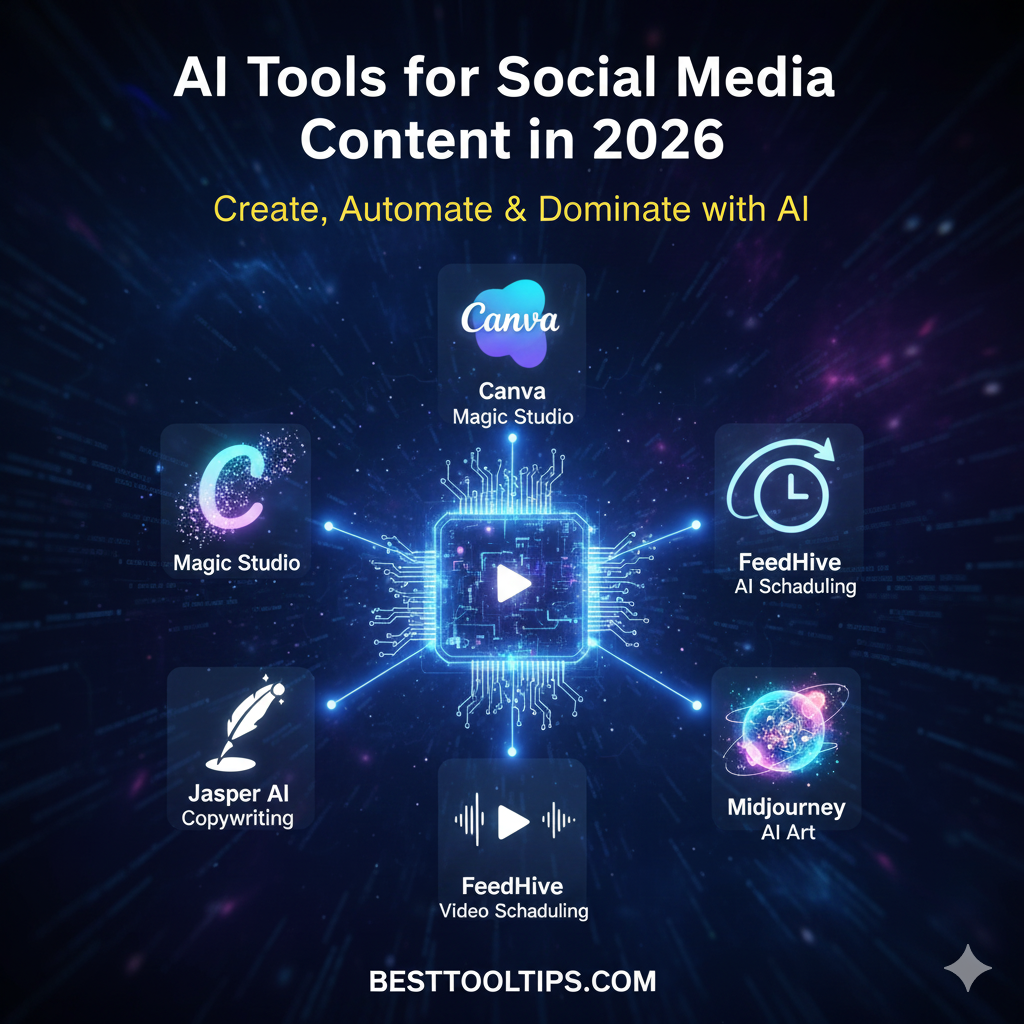 Best AI tools for social media content in 2026: futuristic interface displaying icons for video, design, and copywriting.