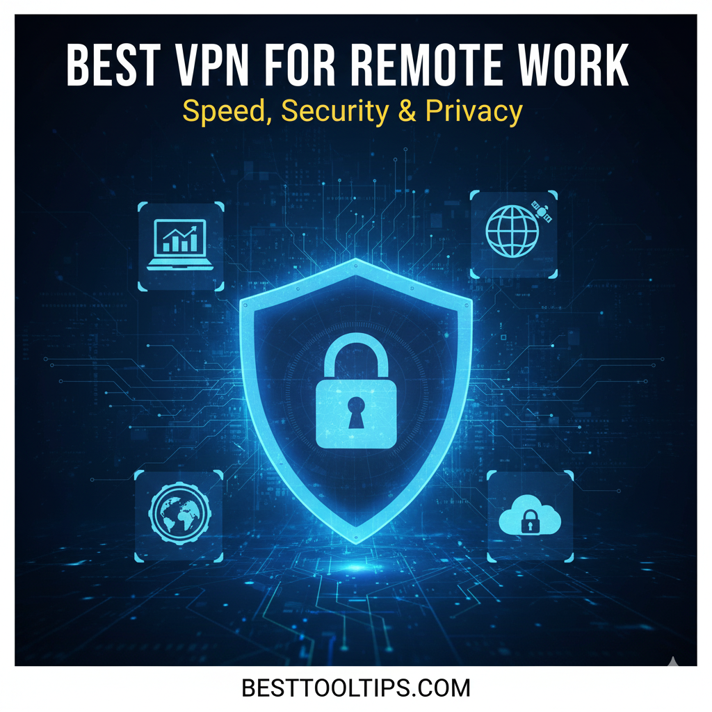A digital workspace showing a secure VPN connection icon, protecting a laptop used for remote work. High-tech blue aesthetic.