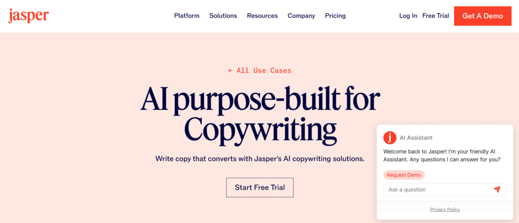 Jasper AI dashboard showing how to create AI tools for social media content captions.