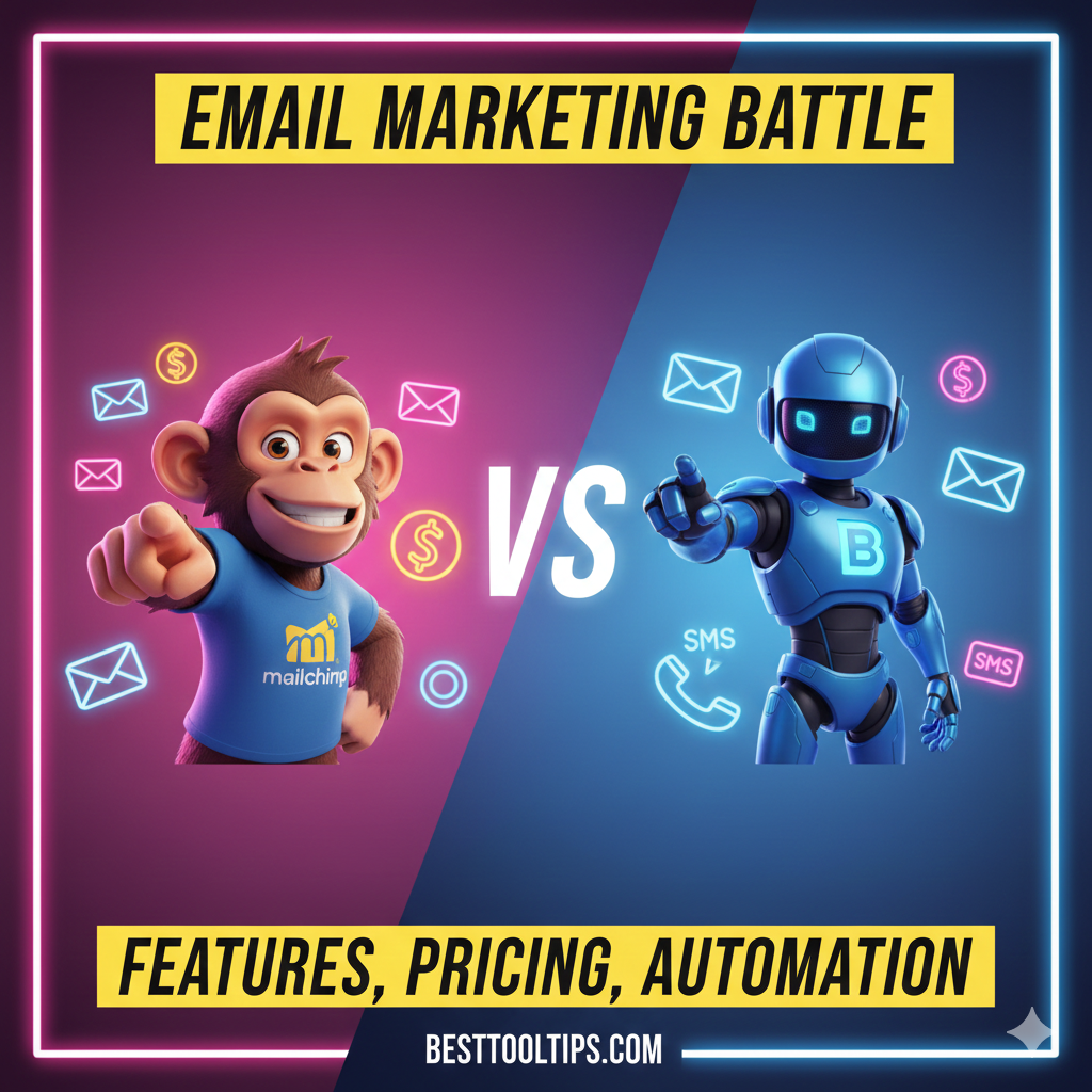 Comparative graphic of Mailchimp and Brevo logos showing feature, pricing, and automation differences.