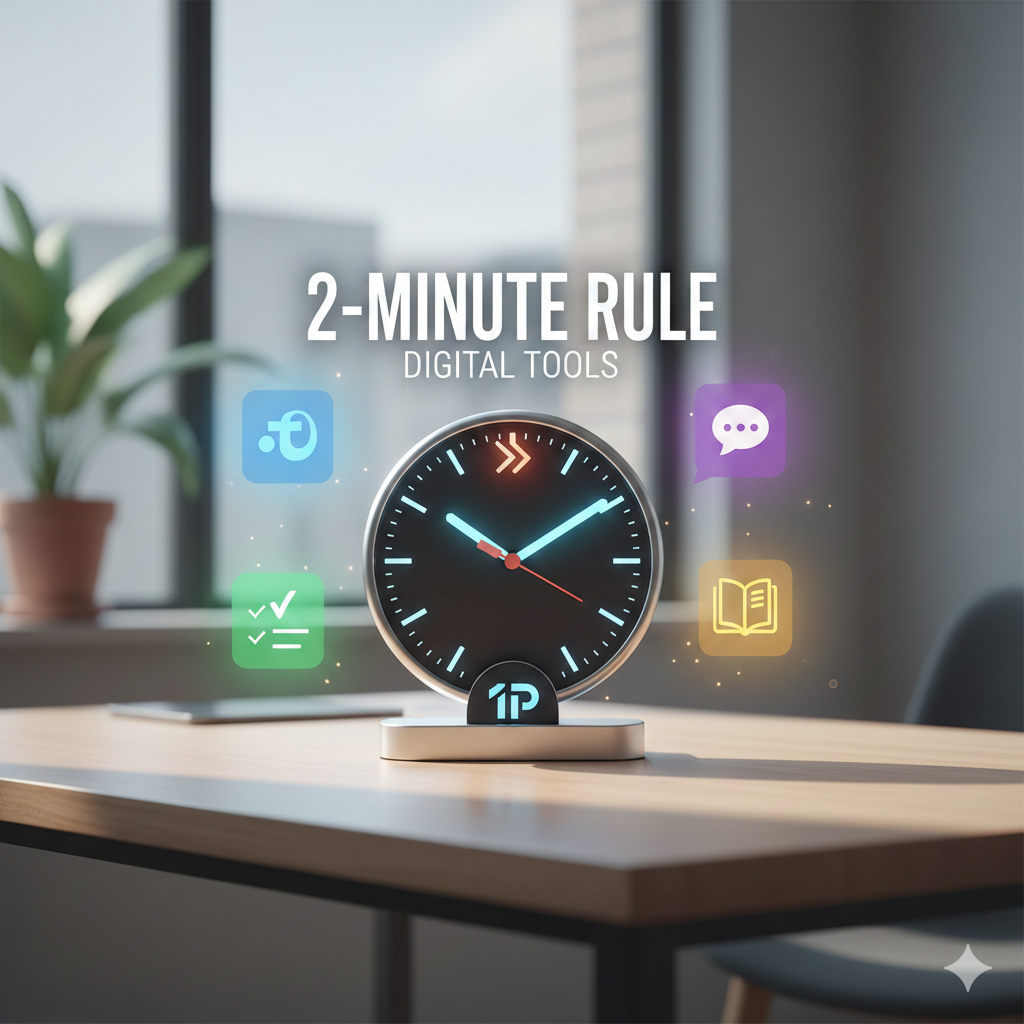 Two-Minute Rule productivity hack illustrated by a digital clock and various digital tool icons.