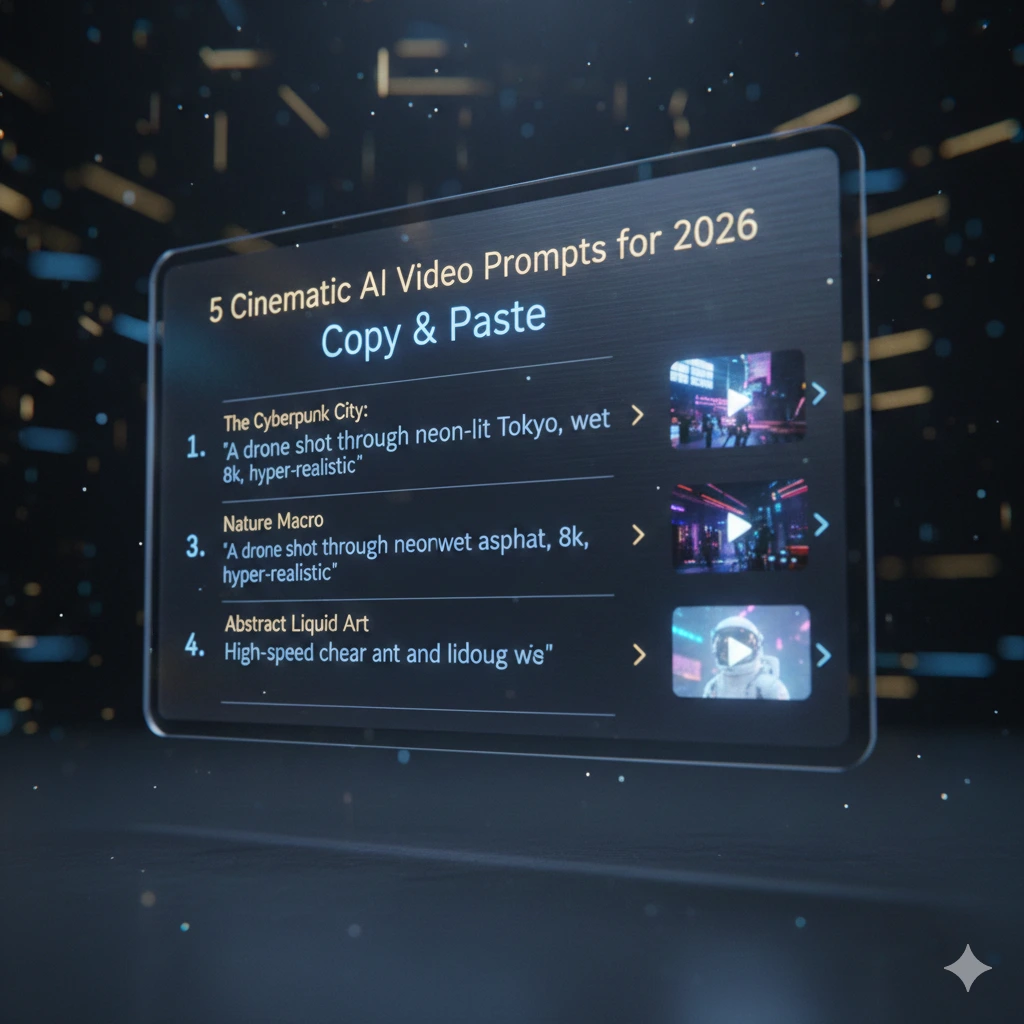 A professional interface showing cinematic AI video prompts for 2026 generators.