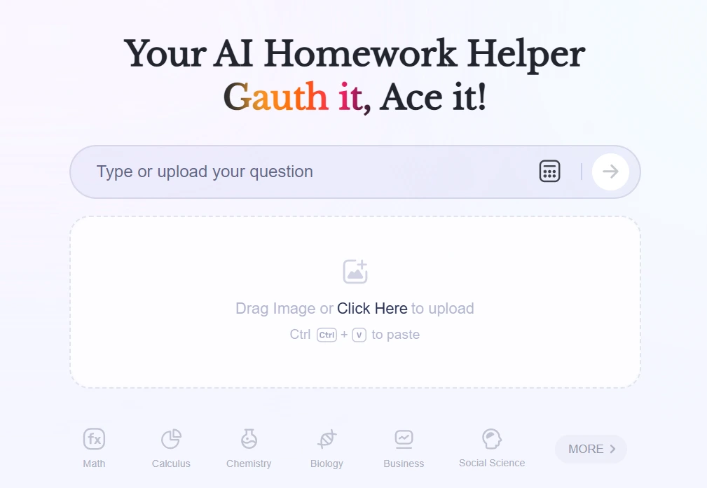 Screenshot of Gauth AI web interface titled Your AI Homework Helper showing the search bar and subject icons like Math, Chemistry and Biology