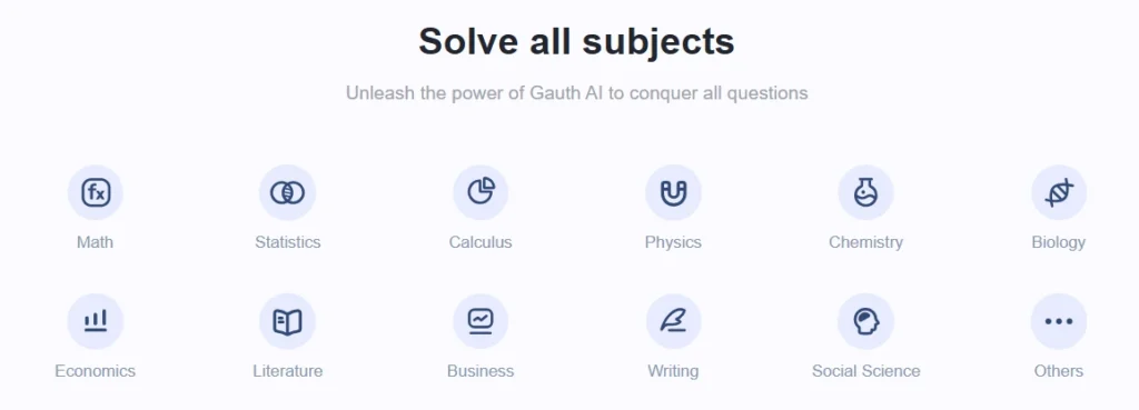 Icons representing subjects supported by Gauth AI, including Statistics, Physics, Literature, and Economics.