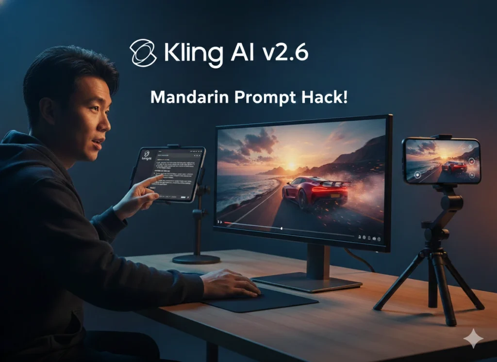 Man using Kling AI v2.6 on a computer and smartphone with a tripod, showcasing the Mandarin prompt hack for realistic AI video generation.