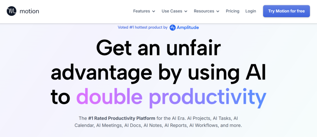 Motion AI dashboard showing an automated daily schedule and task management.