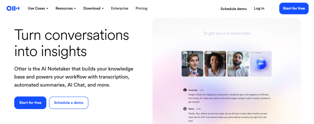 Otter.ai live transcription dashboard with meeting summaries and action items.