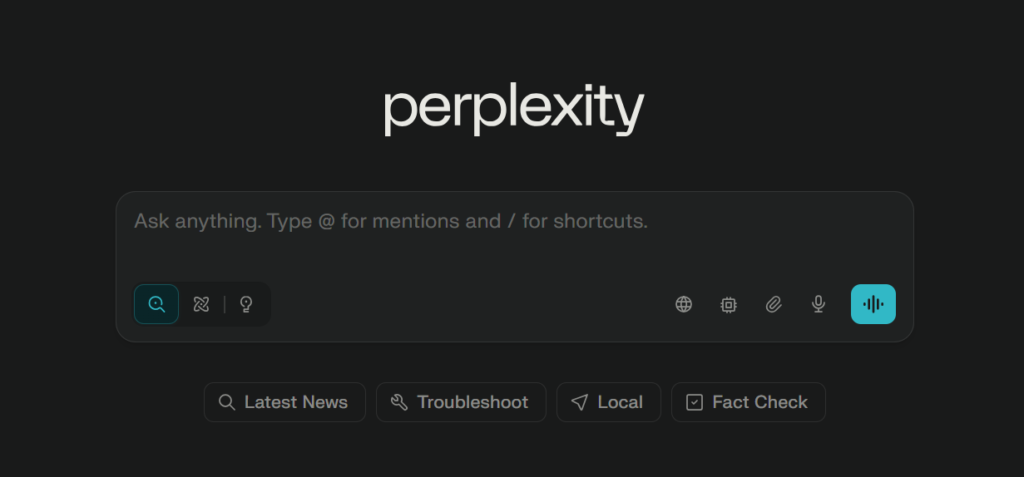 Perplexity AI search engine interface with cited sources and real-time data.