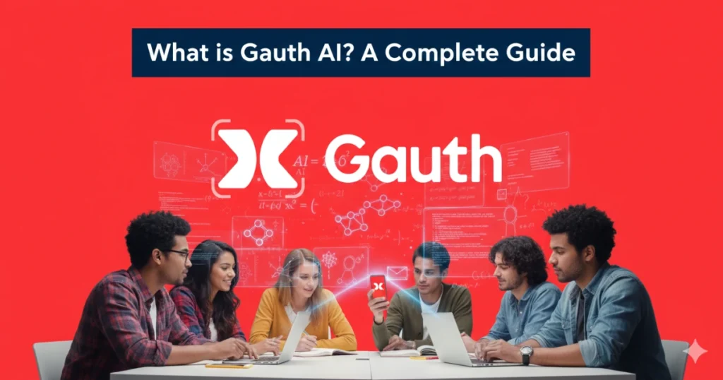 Banner for Gauth AI guide showing students using laptops and a large Gauth logo on a red background.