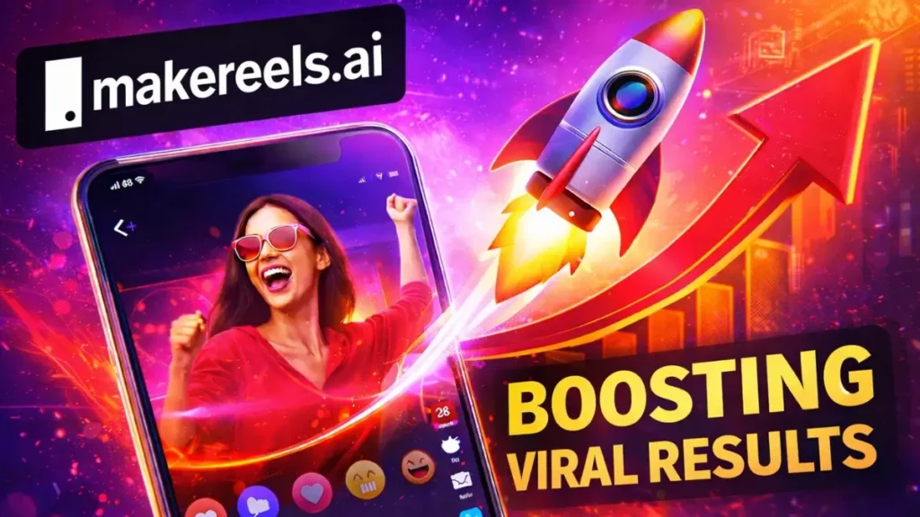 Graphic representing AI-powered reel creation with Make Reels AI, showing viral social media growth, engagement increase, and automated short-form video production.