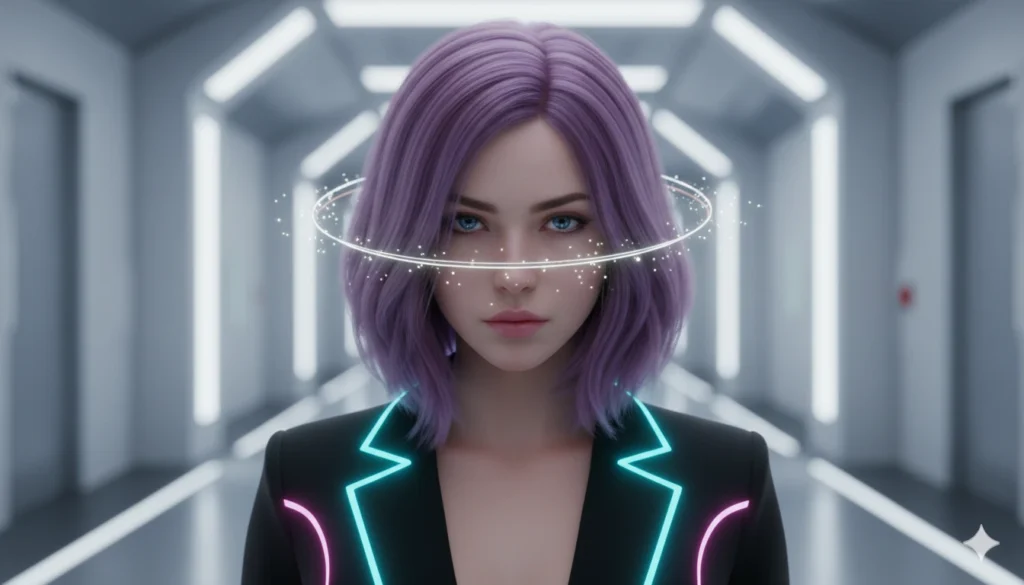 Ultra-realistic AI-generated female influencer with purple hair and holographic facial interface, representing the APOB AI character consistency technology.