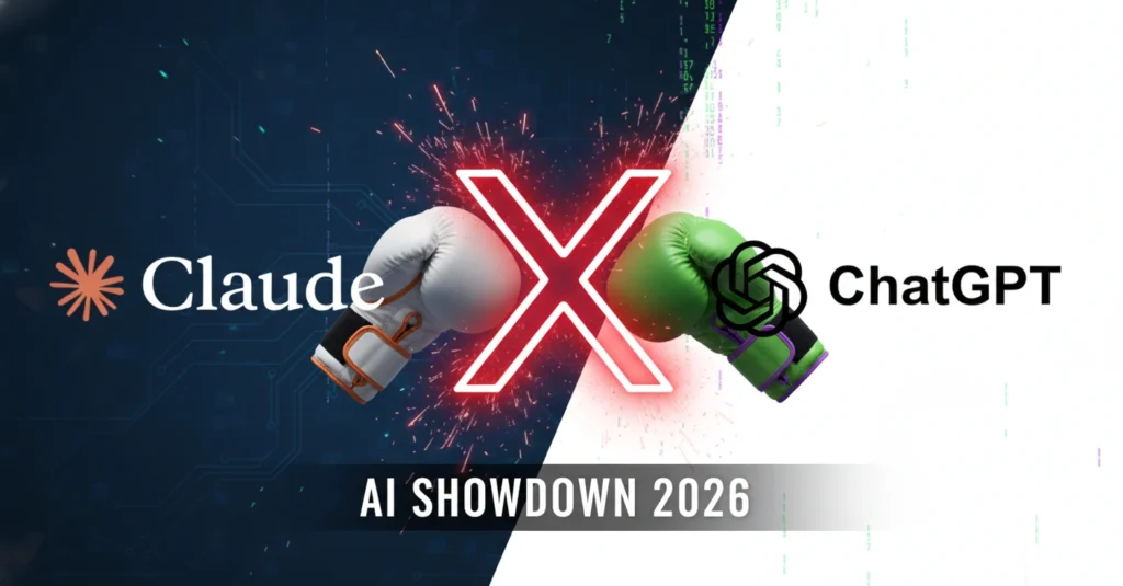 Claude AI vs ChatGPT boxing match illustration with 2026 AI showdown theme, representing the competition between Anthropic and OpenAI.