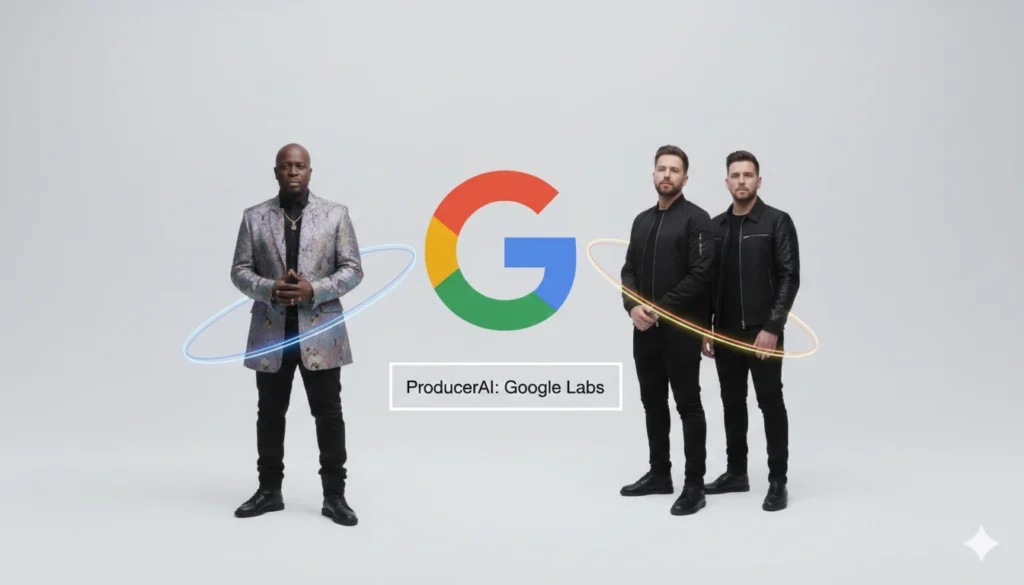 Wyclef Jean and The Chainsmokers testing Google Labs ProducerAI music generator, the Lyria 3 model for professional audio production.