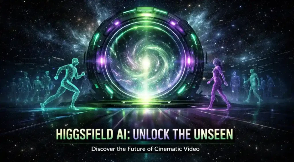 Futuristic glowing portal with green and purple neon lights and wireframe digital figures, representing Higgsfield AI cinematic video creation.