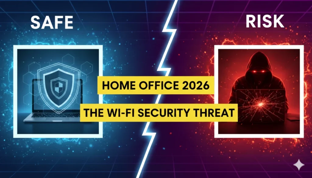 A professional home office setup showing a secure digital shield protecting a laptop from cyber threats.
