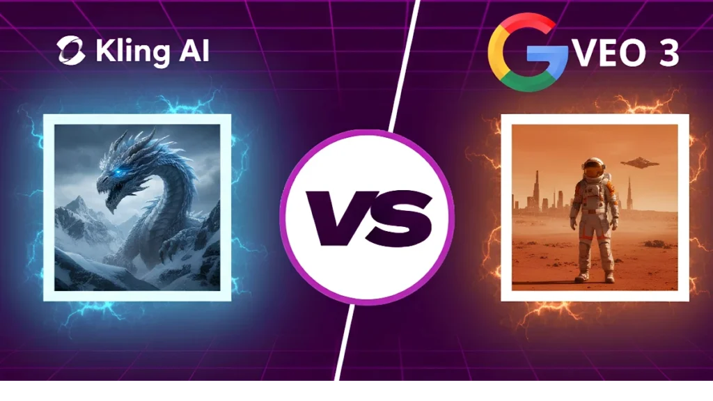 Comparison between Kling AI and Google VEO 3 showing a blue dragon and an astronaut in a cinematic split screen.