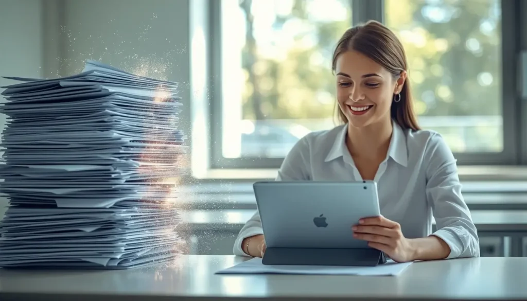 Professional teacher using MagicSchool AI on a tablet to automate lesson planning and reduce paperwork in a modern classroom.