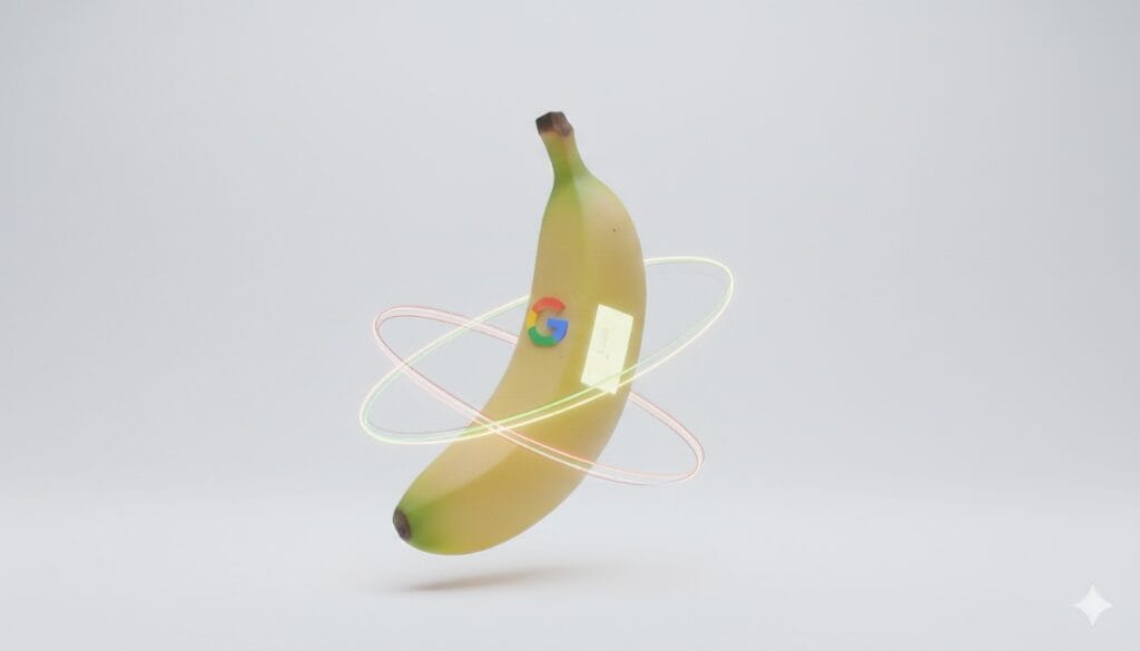 A high-fidelity 3D render of the Nano Banana Google AI with glowing neon orbits in a high-tech server room environment.