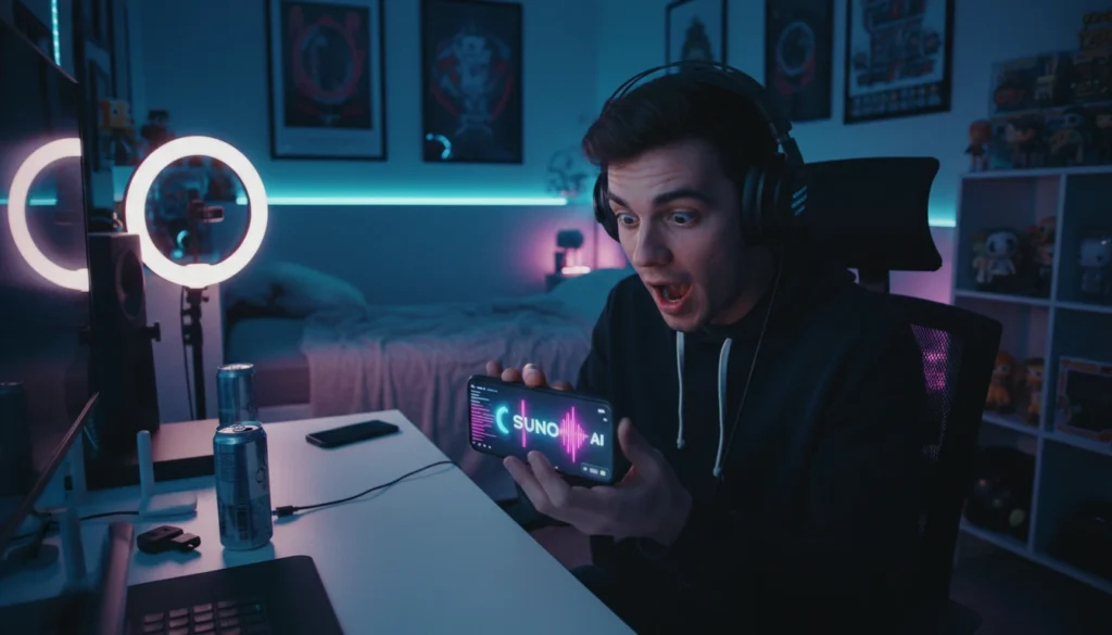 A creator reacting with a surprised face while using the Suno AI music generator on a smartphone in a modern home studio with neon lighting.