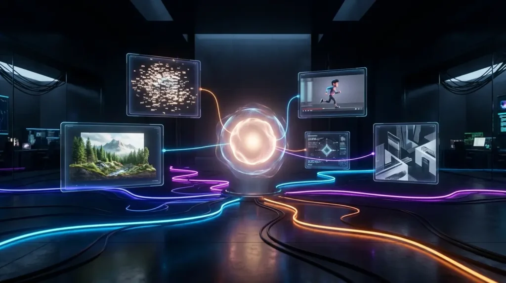 A cinematic 16:9 visualization of a node-based AI infrastructure showing interconnected glowing nodes for text, image, and video generation in a dark, modern studio. High-tech creative automation concept.