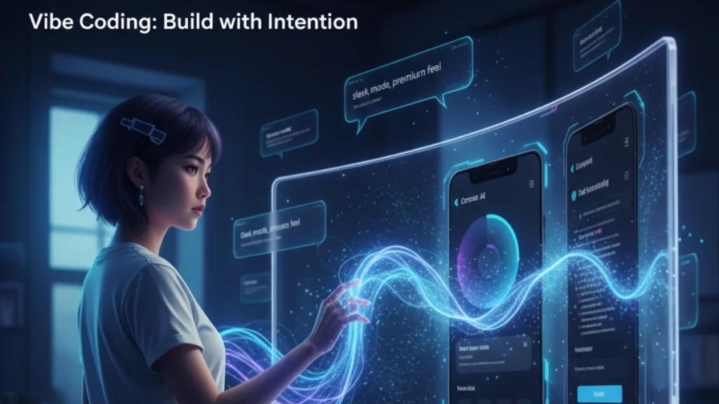 Digital creator interacting with a futuristic holographic app interface using Vibe Coding.