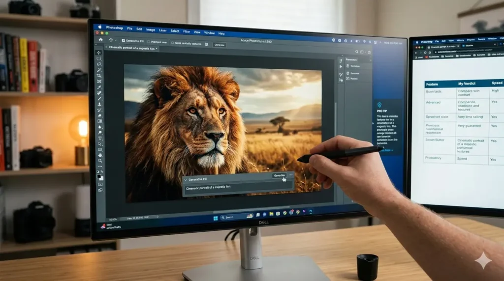 Close-up photograph of a graphic designer using a stylus with Adobe Firefly's Generative Fill tool in Photoshop to generate a cinematic lion image on a monitor.