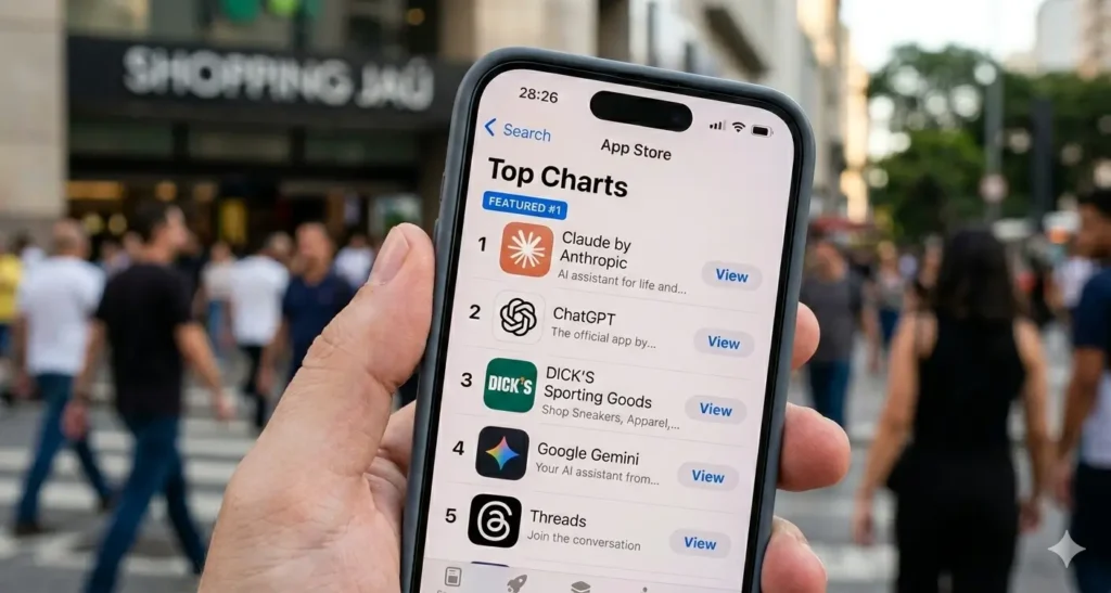 Smartphone screen displaying the App Store Top Charts where Claude is number 1, followed by ChatGPT and Gemini in the February 2026 ranking.