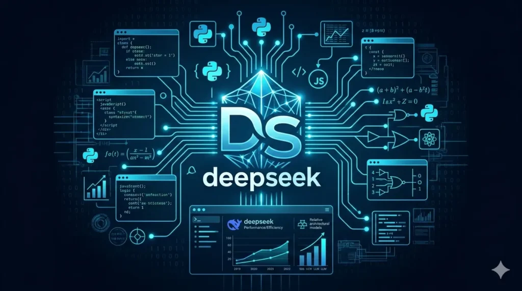 A high-tech digital interface featuring the Deepseek logo with glowing blue neural network connections and code snippets, representing artificial intelligence efficiency.