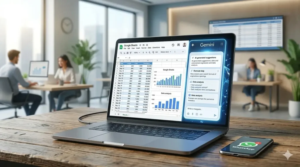 A professional laptop screen displaying a Google Sheets spreadsheet with the Gemini AI side panel open, showing automated data analysis and formula suggestions in a modern office setting.