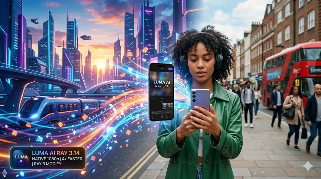 A person holding a smartphone showing the Luma AI Ray 3.14 interface, with a split-screen effect comparing a real London street to a cinematic AI-generated cyberpunk city.