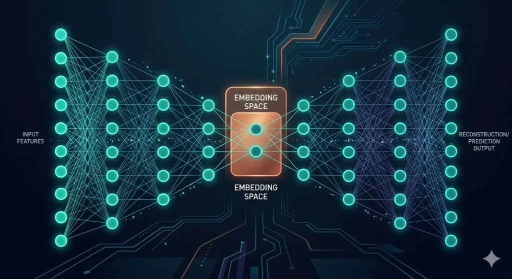 A dynamic and illuminated diagram illustrating a neural network bottleneck architecture, where a wide input transitions through hidden layers to a narrow central 'EMBEDDING SPACE' of only two nodes, and then expands back out. The image uses a premium blue and orange data visualization style.