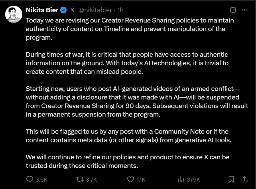 Official announcement by Nikita Bier on X Screenshot of Nikita Bier's official X post announcing new revenue suspension rules for undisclosed AI videos