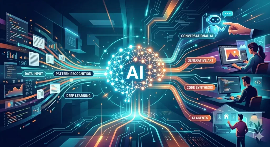 A modern digital visualization explaining what is AI, showing a glowing neural network brain connected to data inputs, code synthesis, and AI agents on a dark blue technological background.