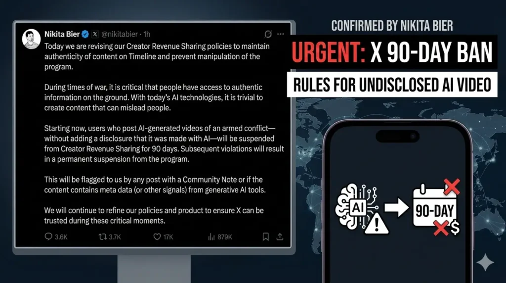 Smartphone showing 90-day alert next to Nikita Bier official post about X revenue ban AI videos